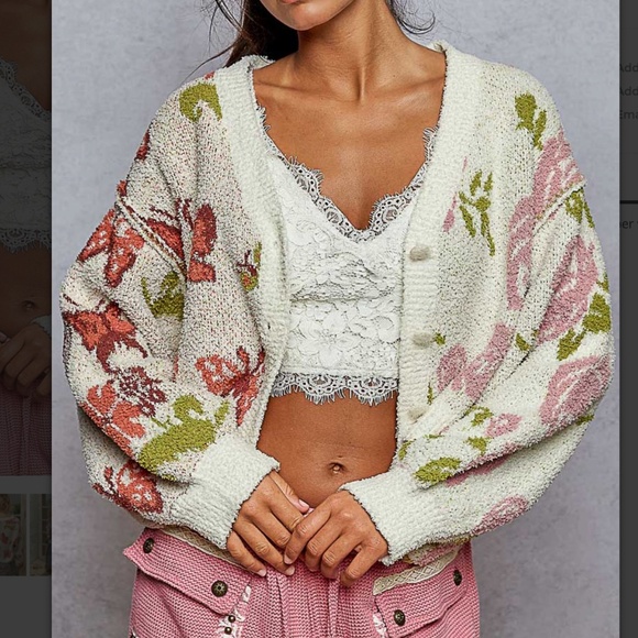 POL Butterfly Floral Print Teddy Buttom Down V neck Cardigan - Picture 6 of 7